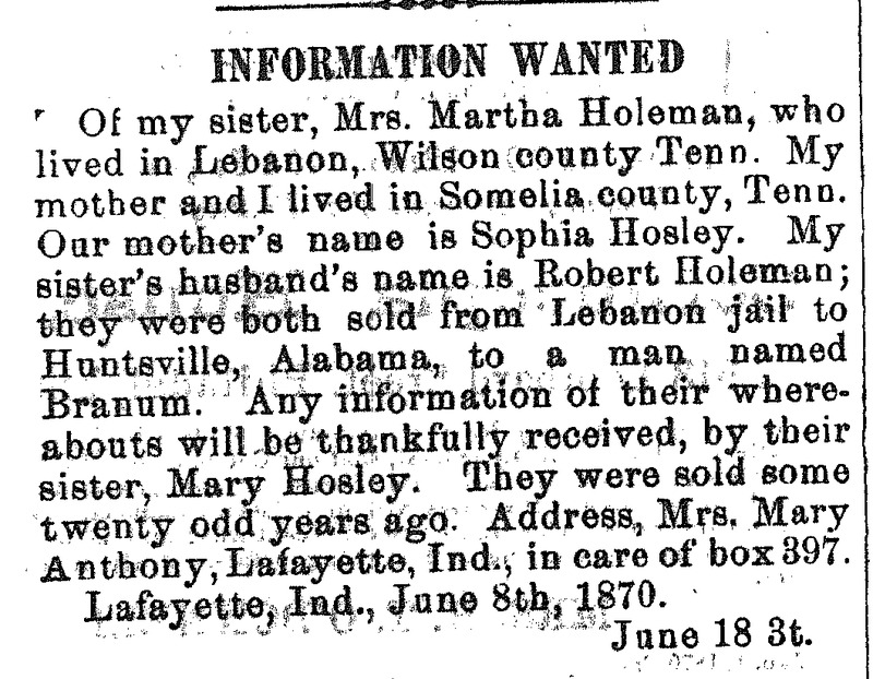 Mary Holsey looking for her sister Mrs. Martha Holeman