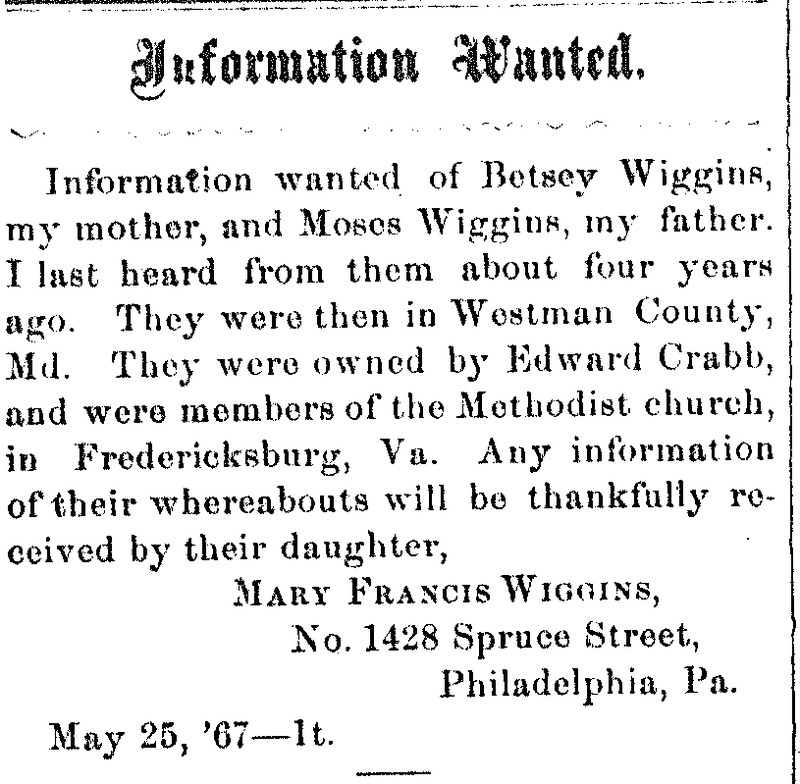 Mary Francis Wiggins searching for her parents Moses and Betsey Wiggins