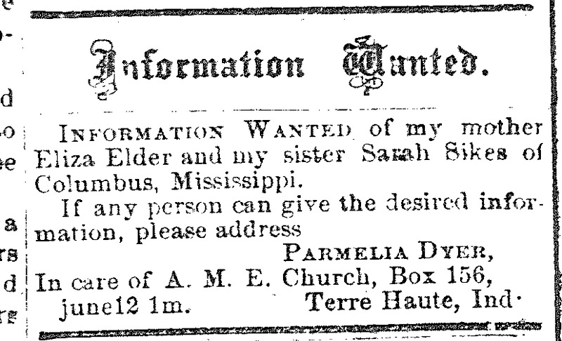 Parmelia Dyer searching for her mother Eliza Elder and her sister Sarah Sikes