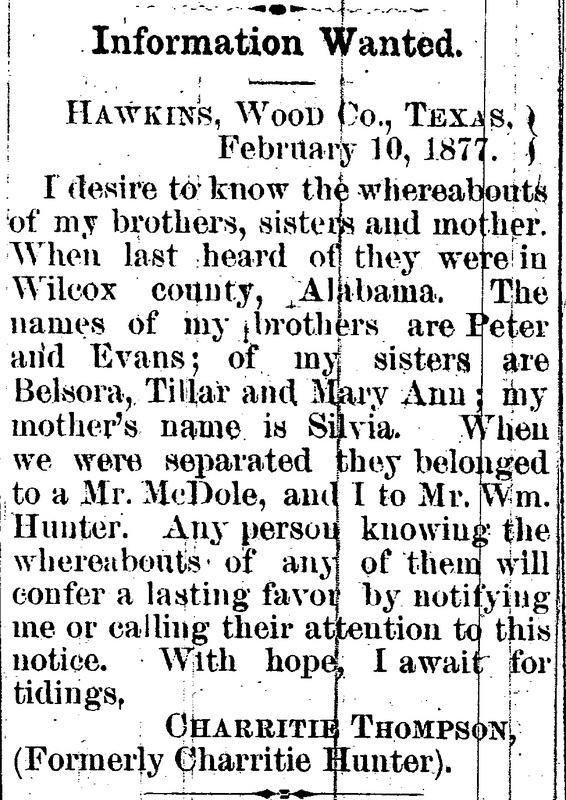 Charritie Thompson (formerly Charritie Hunter) searching for her mother Silvia and siblings Peter, Evans, Belsora, Tillar, and Mary Ann