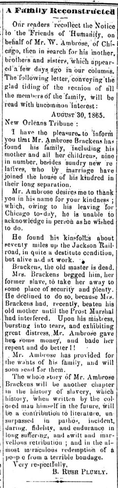 B. Rush Plumly is writing of the reunited family of Mr. Ambrose Brackens.