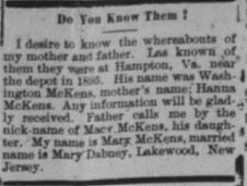 Mary Dabney (formerly Mary McKens) seeking her parents Washington and Hanna McKens