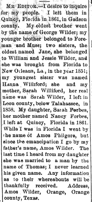 Amos Wilder (formerly Amos Philgore) seeking information about his brother George Wilder, sisters Jane and Hannah Williford, and several family members