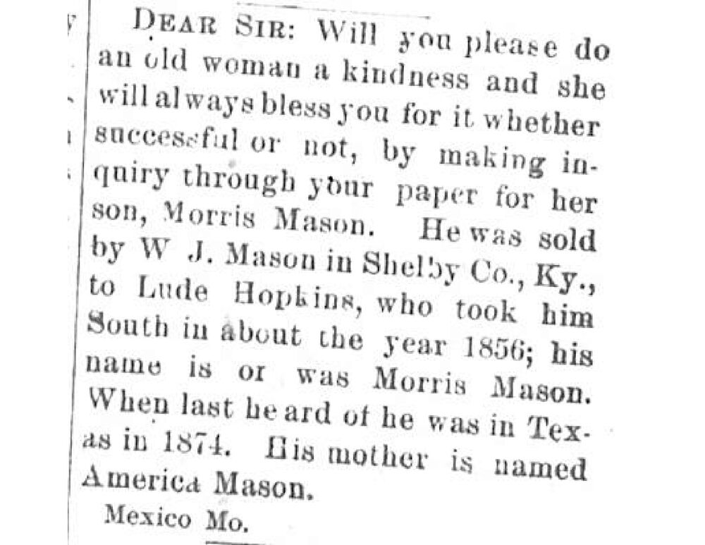 America Mason seeking her son Morris Mason