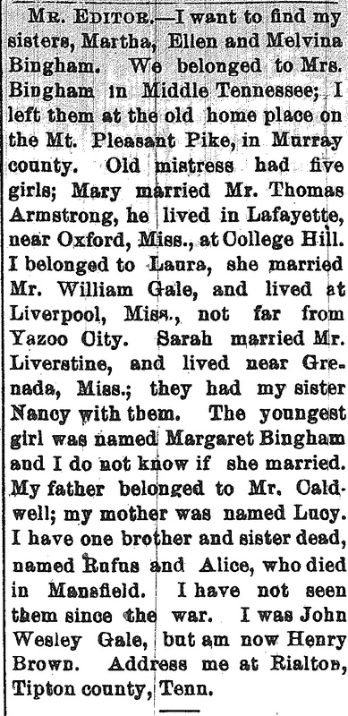 Henry Brown (formerly John Wesley Gale) searching for his sisters Martha, Ellen, and Melvina