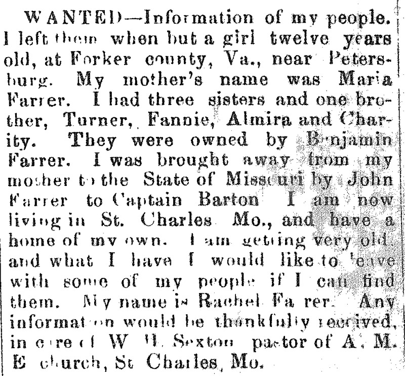 Rachel Farrer seeking information about her mother Maria Farrer and siblings Turner, Fannie, Almira, and Charity