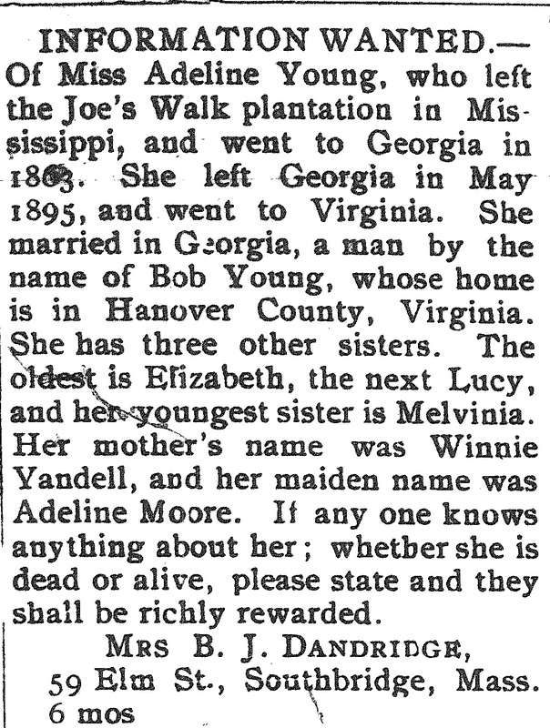 B. J. Dandridge searching for Miss Adeline Young (formerly Adeline Moore)