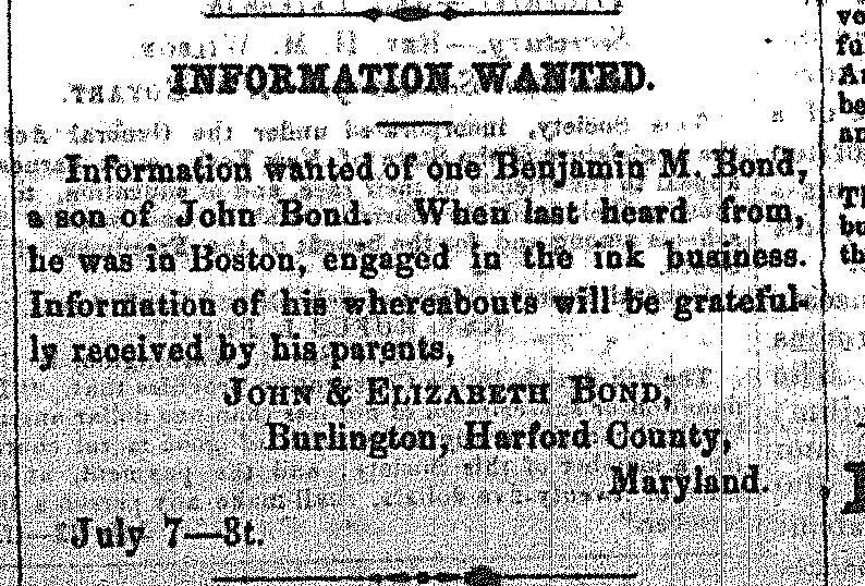 John Bond looking for information about his son Benjamin M. Bond