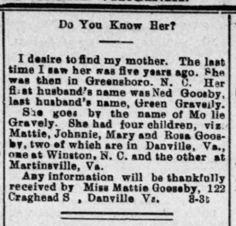 Miss Mattie Gooseby searching for her mother Mollie Gravely 