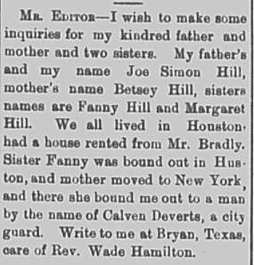 Rev. Wade Hamilton seeking his father Joe Simon Hill, mother Betsey Hill, and sisters Fanny and Margaret Hill