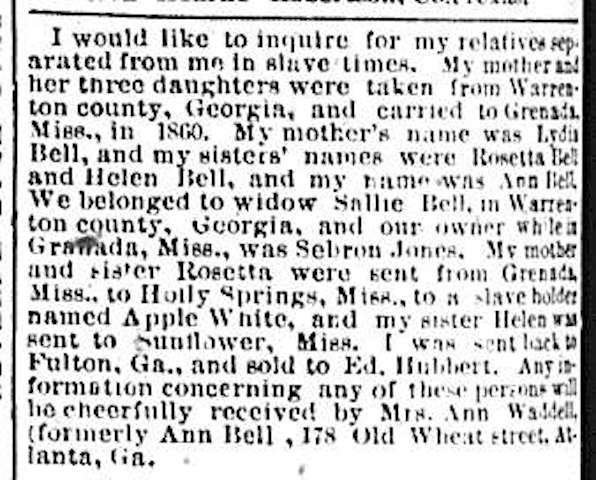 Ann Waddell (formerly Ann Bell) seeking her mother Lydia Bell and sisters Rosetta and Helen Bell