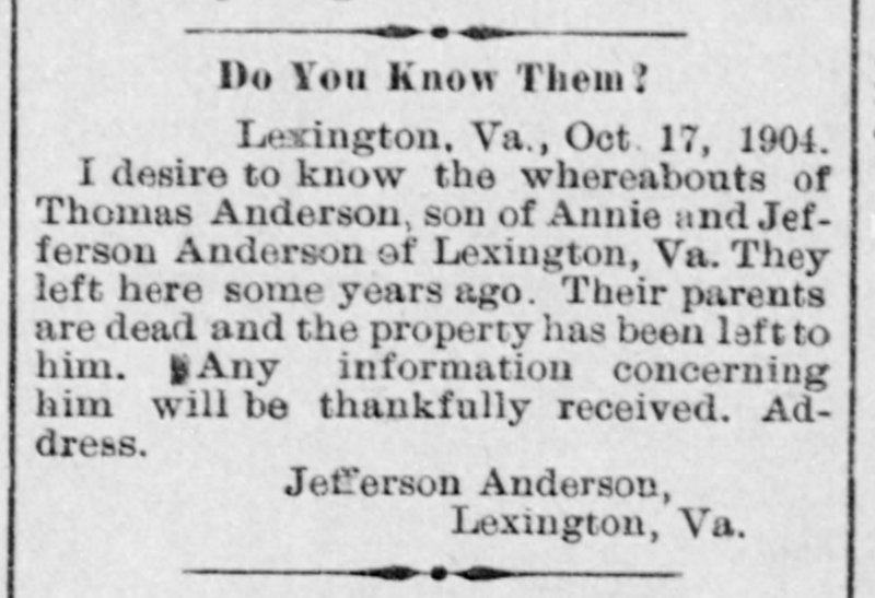 Jefferson Anderson searching for Thomas Anderson