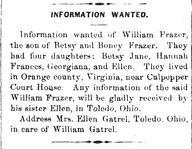 Ellen Gatrel seeking information of her brother William Frazer.