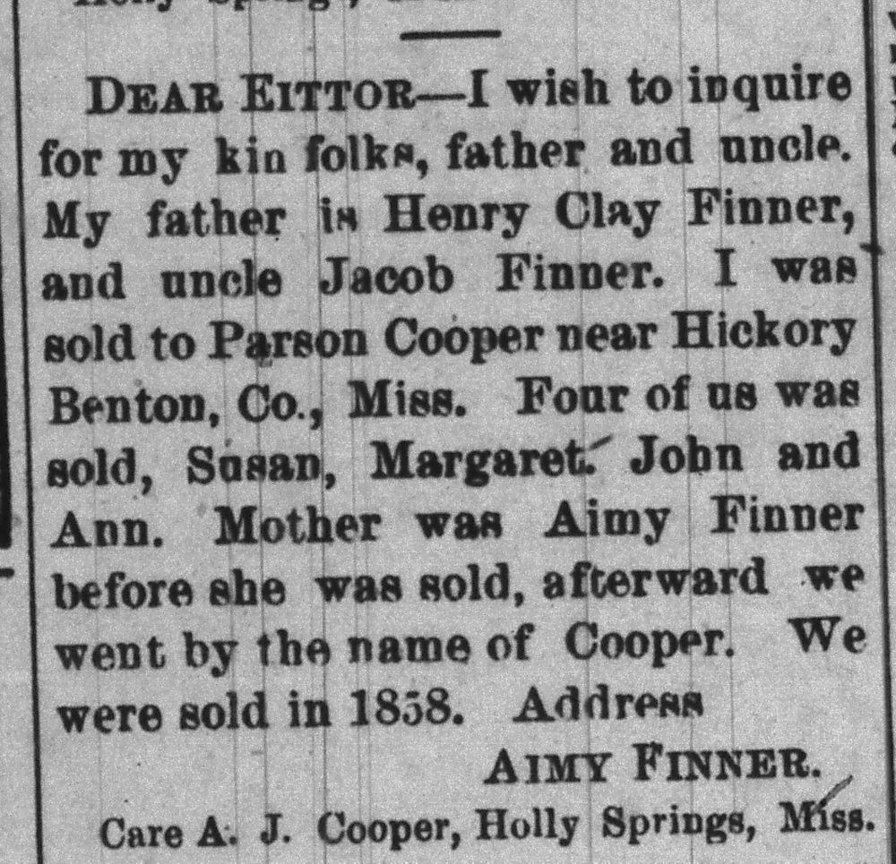 Aimy Finner seeking her father Henry Clay Finner and uncle Jacob Finner