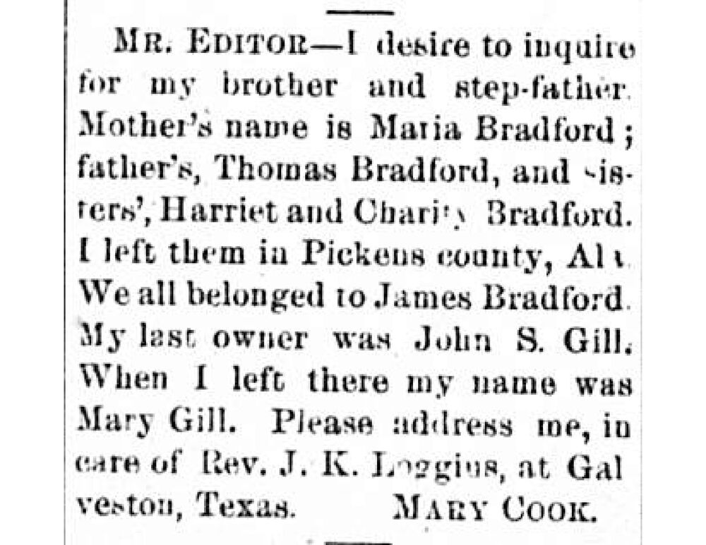 Mary Cook (formerly Mary Gill) searching for her brother and step-father