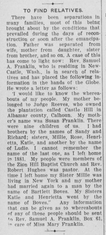 Rev. Samuel A. Franklin searching for his Franklin/Boves family