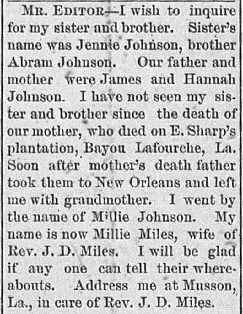 Millie Miles (formerly Millie Johnson) searching for her sister and brother