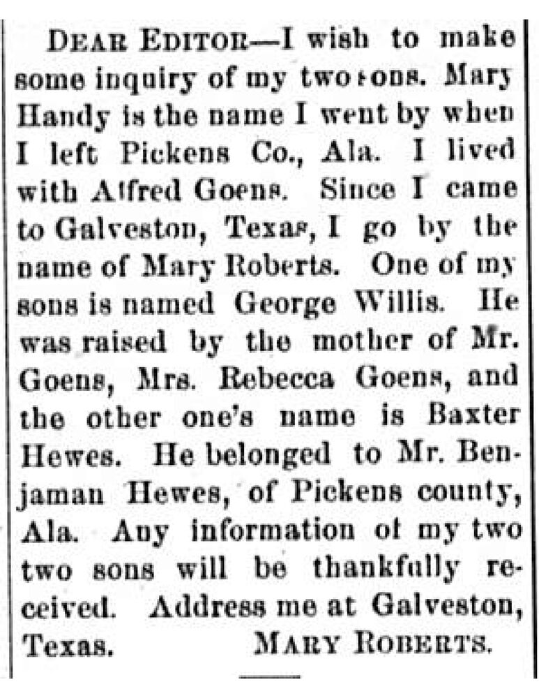 Mary Roberts (formerly Mary Handy) searching for her two sons George Willis and Baxter Hewes