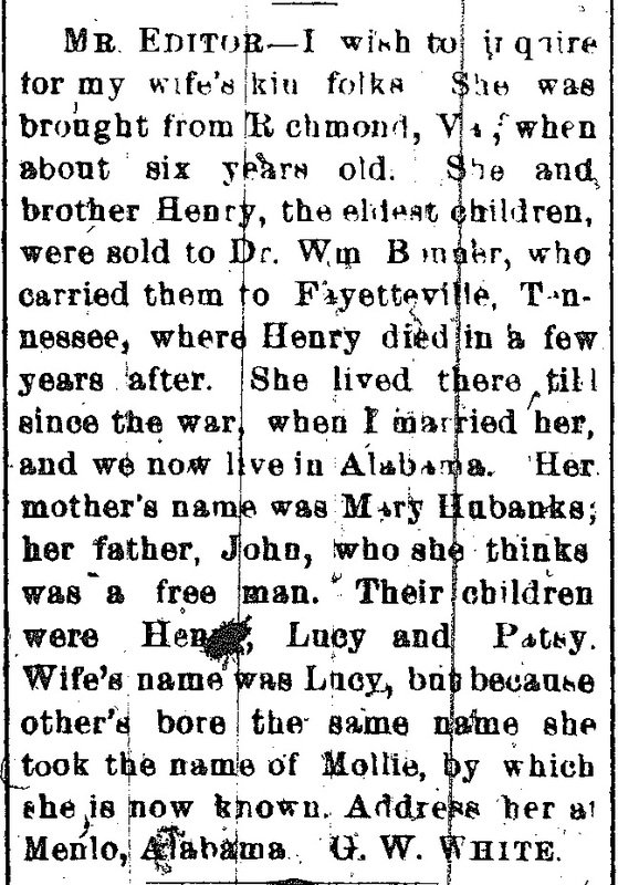 G. W. White searching for his mother-in-law Mary Hubanks [Eubanks?] 