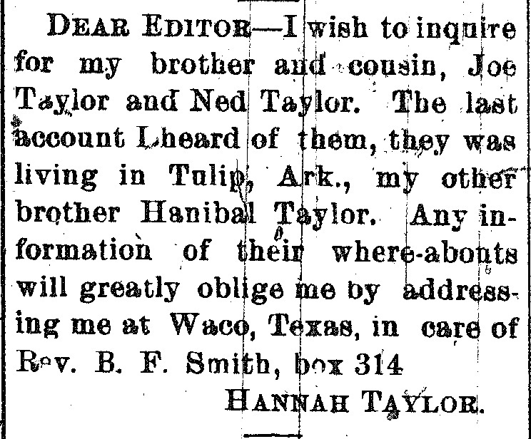 Hannah Taylor searching for her brother Joe Taylor and cousin Ned Taylor