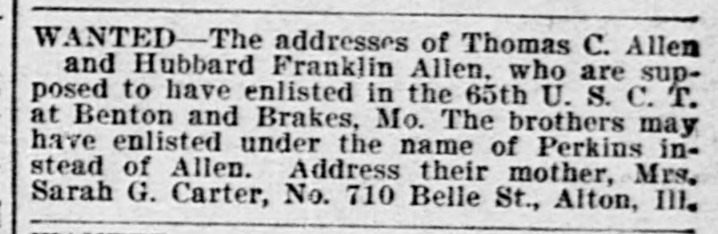 Mrs. Sarah G. Carter searching for her sons Thomas C. Allen and Hubbard Franklin Allen (or Tomas C. Perkins and Hubbard Franklin Perkins)