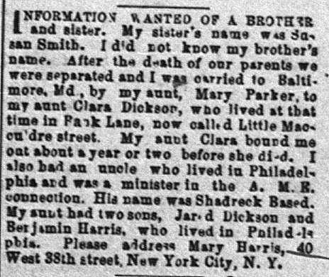 Mary Harris searching for her sister Susan Smith and an unnamed brother