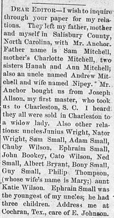 E. Johnson seeking their relatives, including their uncle Andrew Mitchell and his wife Nipey