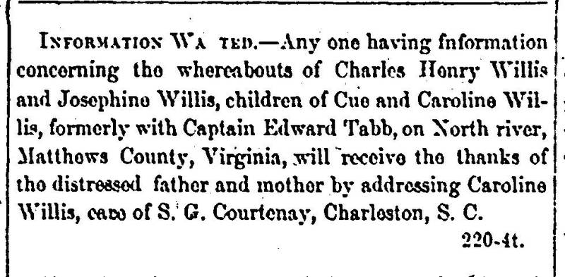 Caroline and Cue Willis seeking their children Charles Henry Willis and Josephine Willis