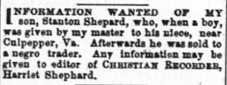 Harriet Shepard looking for her son Stanton Shepard