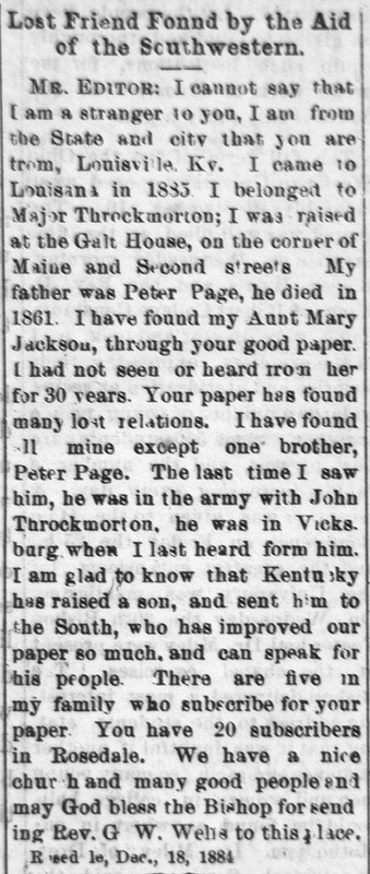 An unknown person found several relations through the Southwestern Christian Advocate including their Aunt Mary Jackson