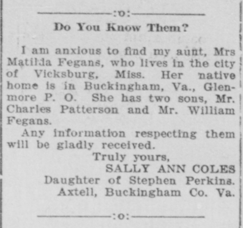 Sally Ann Coles searching for her aunt Mrs. Matilda Fegans