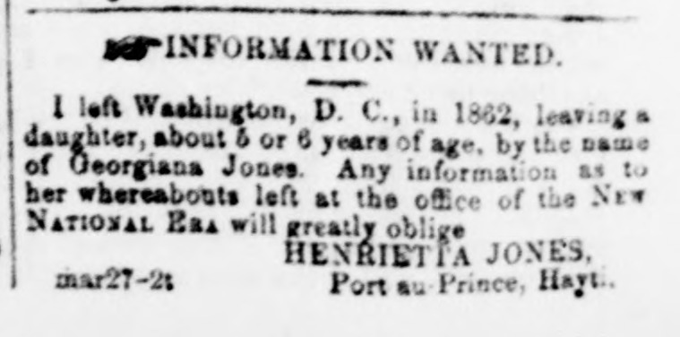 Henrietta Jones searching for her daughter Georgiana Jones (1st of 2 ads placed) 