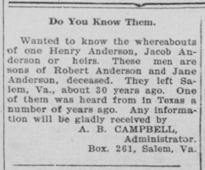 A. B. Campbell searching for heirs of Robert Anderson and Jane Anderson