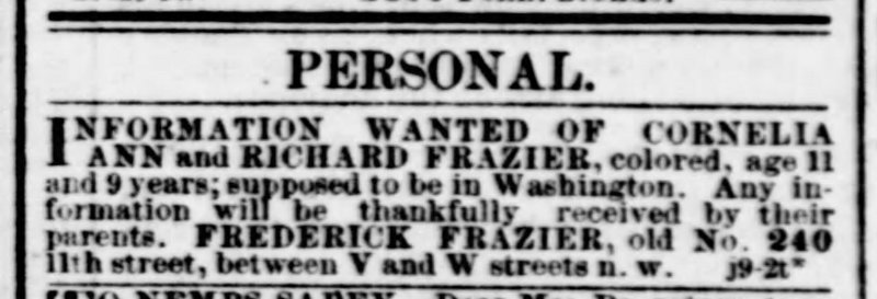 Frederick Frazier searching for his children Cornelia Ann Frazier and Richard Frazier 