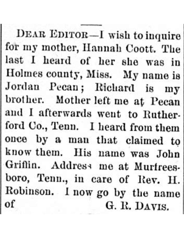 G. R. Davis (formerly Jordan Pecan) searching for his mother Hannah Coott