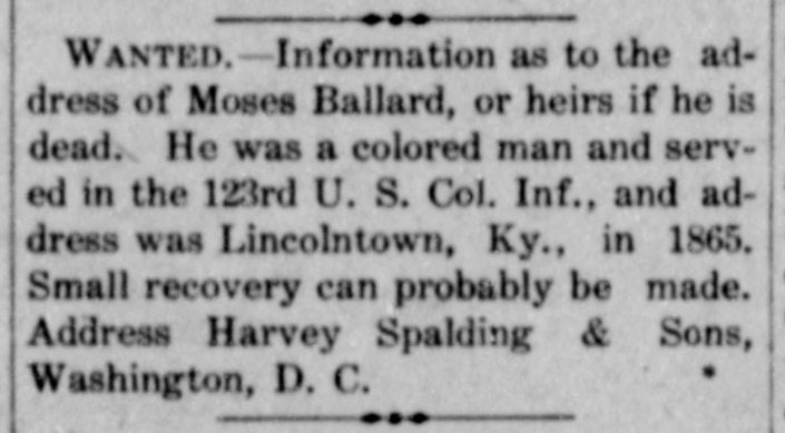 Harvey Spalding &amp; Sons looking for Moses Ballard