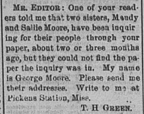 George Moore answering Maudy and Sallie Moore&#039;s ad