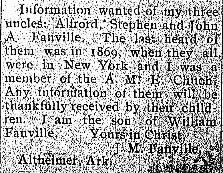 J. M. Fanville looking for his uncles Arnold, Stephen, and John A. Fanville