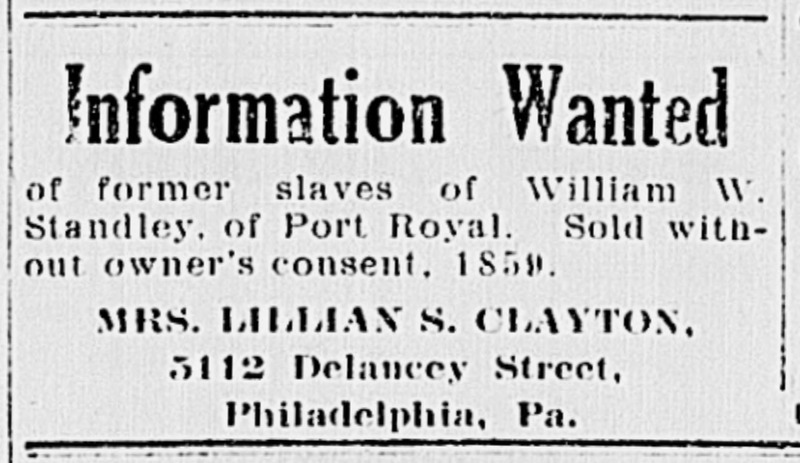 Lillian S. Clayton searching for former slaves of William W. Standley