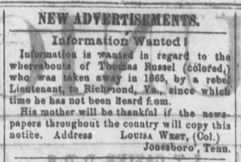 Louisa West searching for son Thomas Russel (1st of two ads placed)