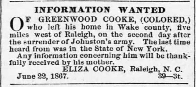 Eliza Cooke looking for her son Greenwood Cooke