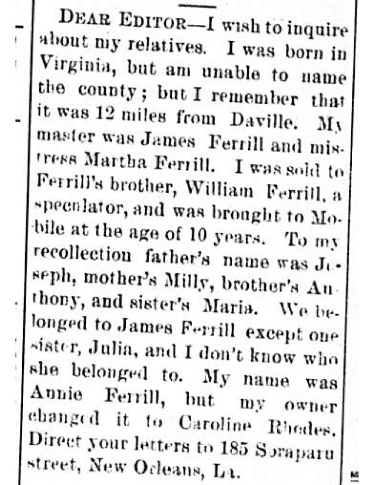 Caroline Rhodes (formerly Annie Ferrill) searching for her father Joseph, mother Milly, and siblings