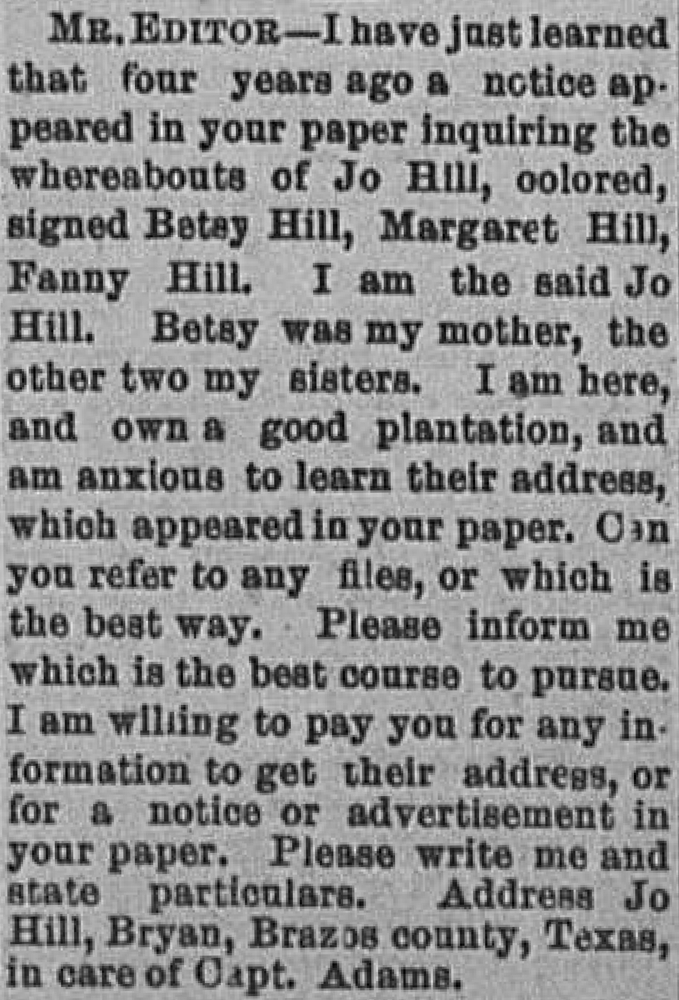 Jo Hill replying to their mother Betsy Hill and sisters Margaret and Fanny Hill 