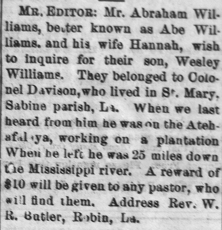 Abraham &#039;Abe&#039; Williams and his wife Hannah searching for their son Wesley Williams