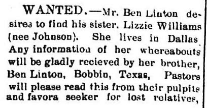 Ben Linton searching for his sister Lizzie Williams (also known as nee Johnson)