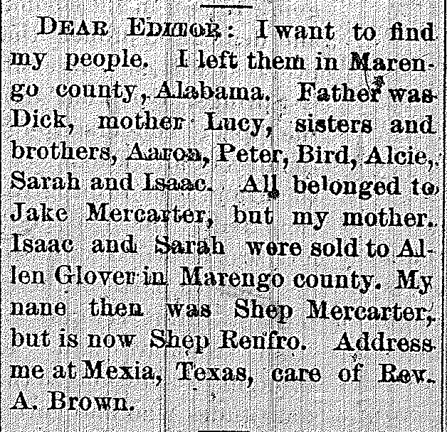 Shep Renfro (formerly Mercarter)  searching for his parents Dick and Lucy and siblings Aaron, Peter, Bird, Alcie, Sarah, and Issac