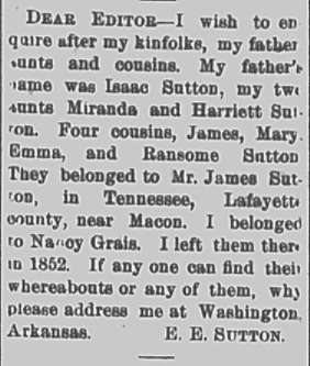 E. E. Sutton searching for their father Isaac Sutton, aunts, and cousins