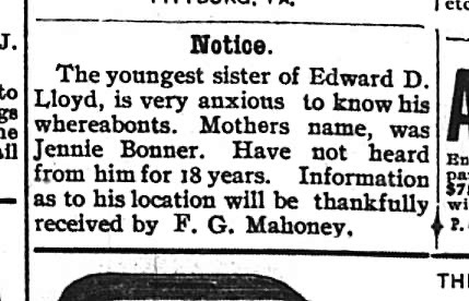 F. G. Mahoney searching for brother Edward D. Lloyd