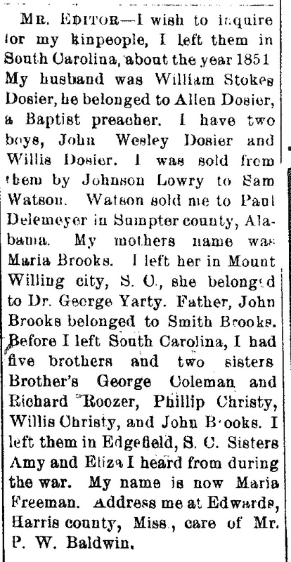 Maria Freeman searching for her husband William Stokes Dosier and mother Maria Brooks