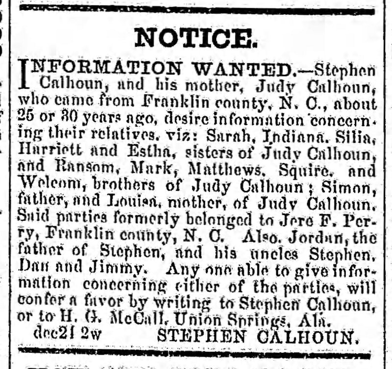 Stephen and Judy Calhoun searching for family including Judy&#039;s siblings Sarah, Indiana, Silia, Harriett, Estha, Ransom, Mark, Matthews, Squire, and Welcom